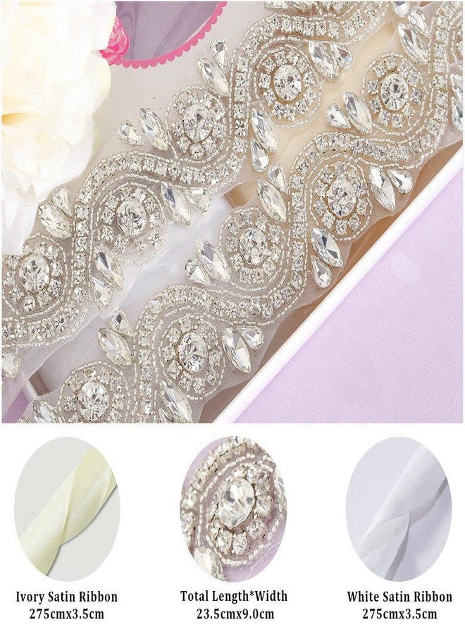 Pardecor Wedding Sash Dress Belt Women Rhinestone Applique Bridal Belt Silver Crystal Trim Belt Ivory Ribbon for Wedding Plus Size Rhinestone Belt for Formal Dress - Image 5
